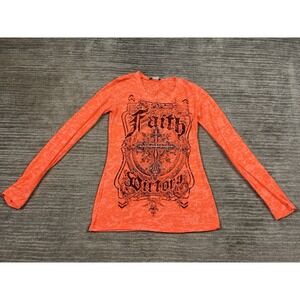 Cotty On Top Womens Small‎ Orange L/S Semi Sheer Embellished Christian Y2K USA